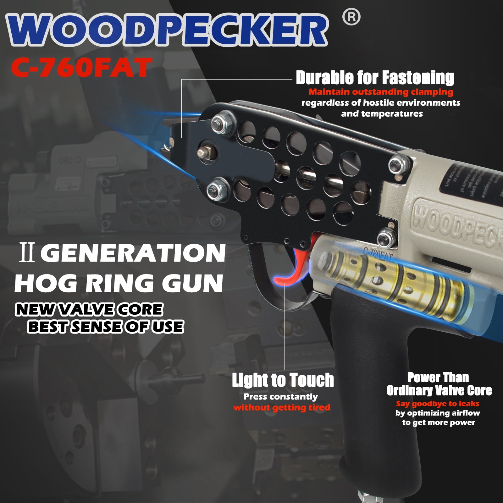 16-Gauge Woodpecker C-760FA Pneumatic Hog ring Staple Gun, 3.0mm Closure Diameter, 1/2" Crown