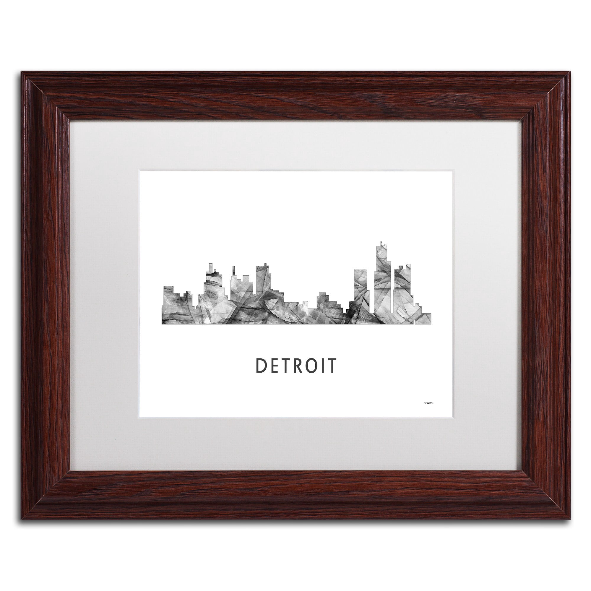 Trademark Fine Art 'Detroit Michigan Skyline WB-BW' Canvas Art by Marlene Watson, White Matte, Wood Frame