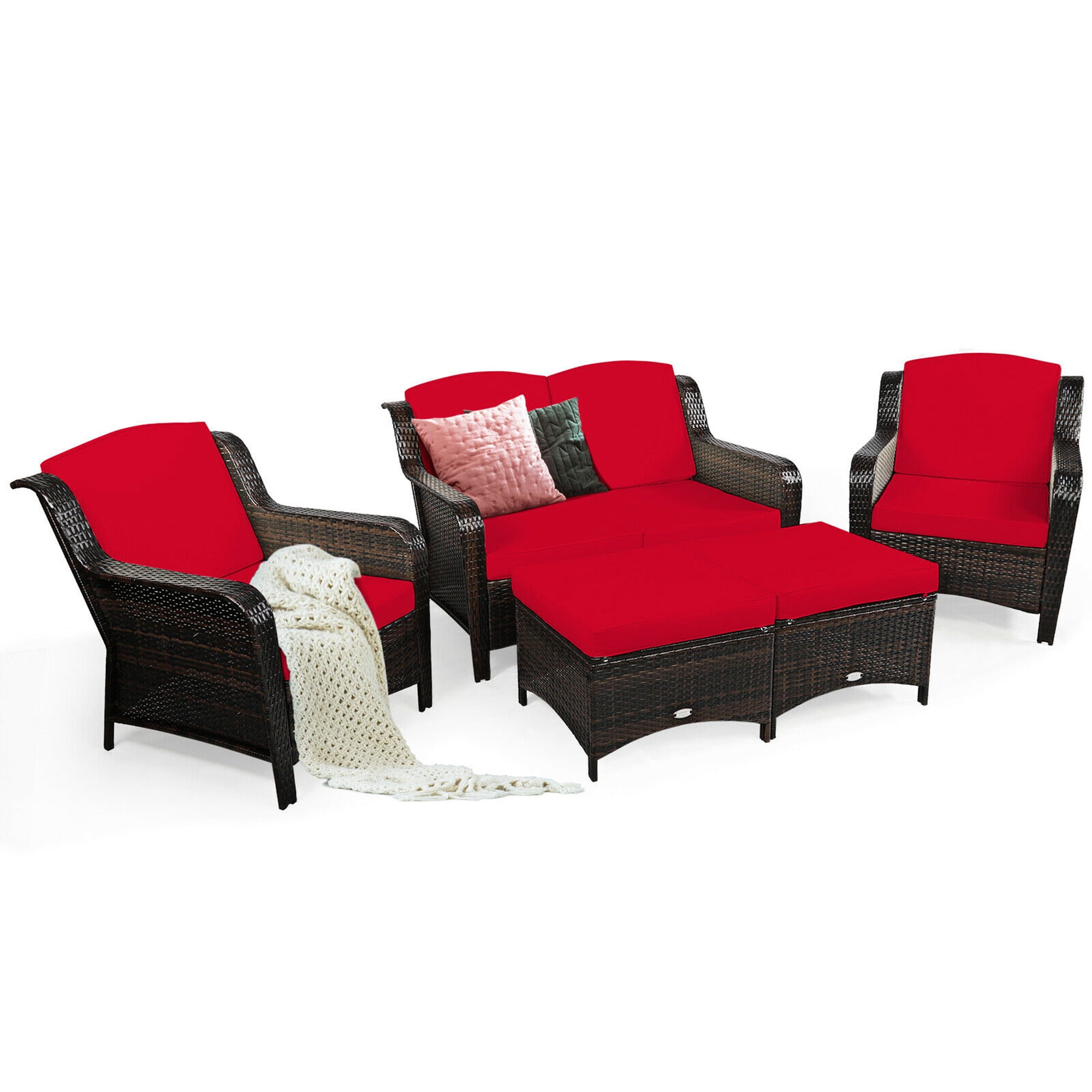 Gymax 5PCS Rattan Patio Conversation Sofa Furniture Set Outdoor w/ Red Cushions