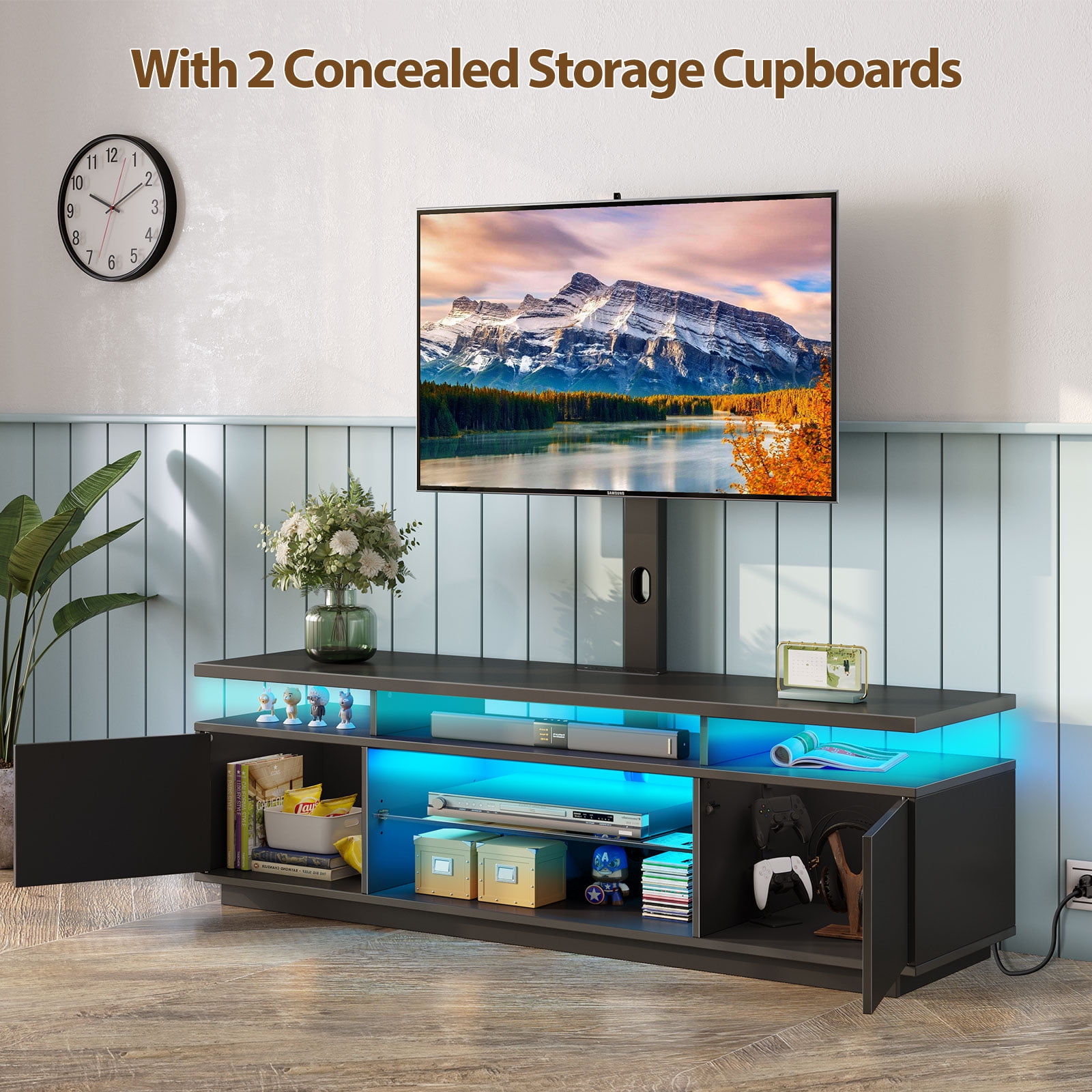 Greenstell TV Stand and Mount for 32" to 70", TV Table with Power Outlet, Gaming Modern Entertainment Center with Storage, LED Light, Height Adjustable, 59", Black