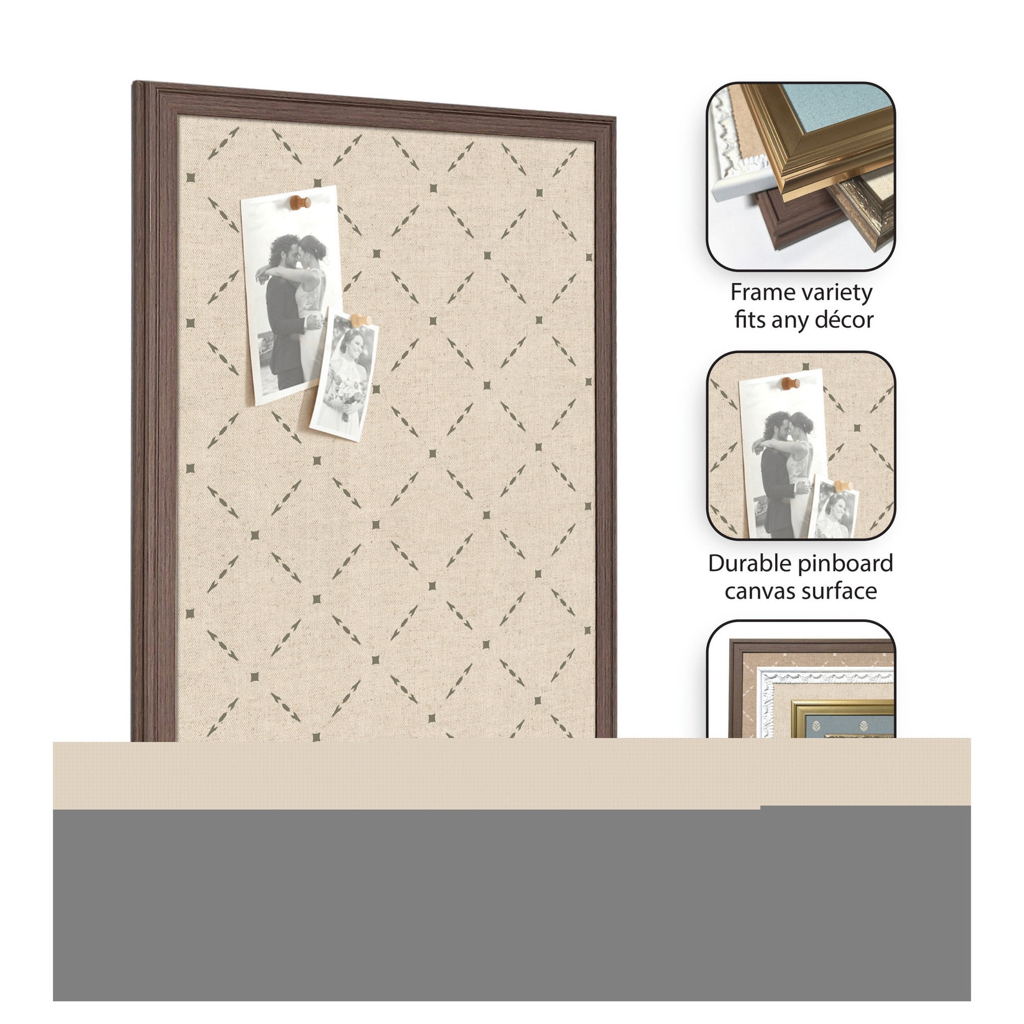 Kate and Laurel Framed Fabric Pinboard 18 x 42, Green Lattice Pattern Printed Linen Classic Bulletin Board for Use as a Vision Board or Wall Organization, Florence Medium Brown Frame
