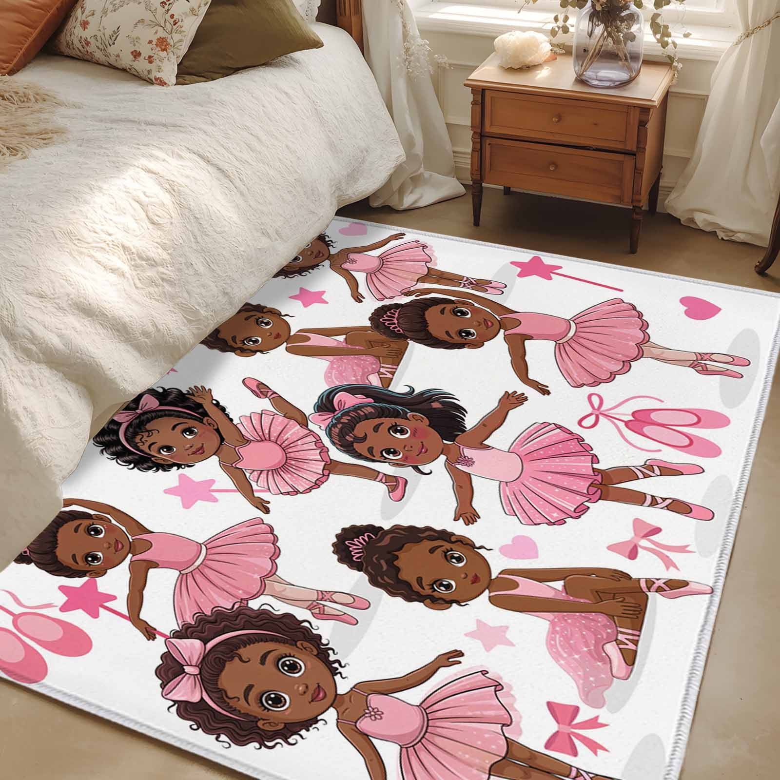 Area Rugs for Living Room 4x6 Ft, Pink Ballet Dancer Non Slip Area Rugs for Kitchen Bedroom Entryway, Cute Cartoon Girls Bow-knot Love Star Washable Carpet Runner Rug Floor Mats for Bedroom