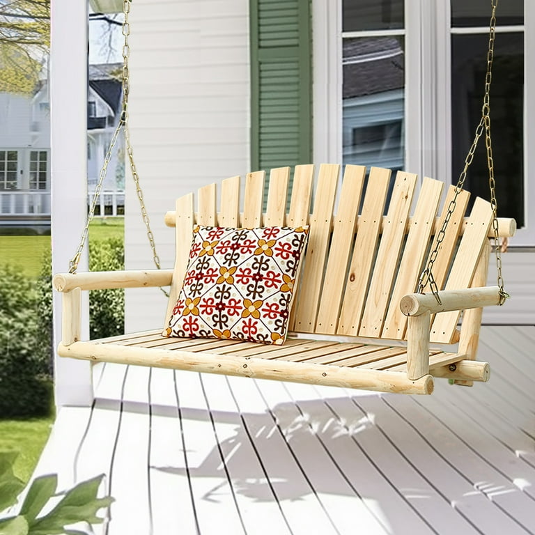 LuxenHome Natural Unfinished Wood Log Cabin Porch Swing with Chains