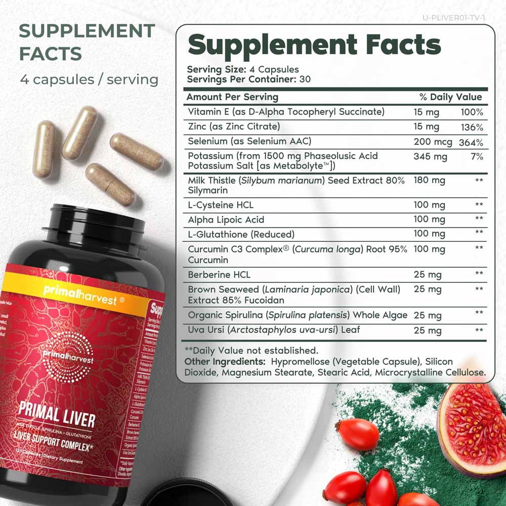 Primal Harvest Primal Liver, 2 Pack: Liver Detox & Support with Alpha-Lipoic Acid, L-Cysteine, Glutathione, Milk Thistle, Spirulina, Turmeric & Dandelion Root for Healthy Liver Function. ( 120ct)