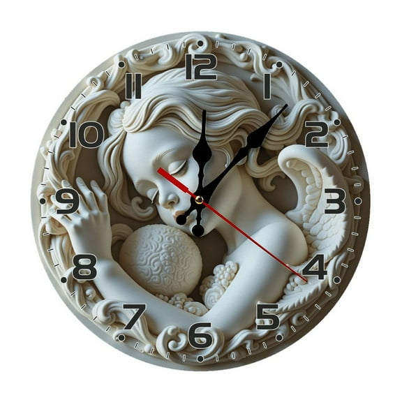 Sleeping Angel Wall Clock 10 Inch Silent Non Ticking Round Wooden Clock Decoration for Living Room Kitchen Bedroom Bathroom Office Classroom