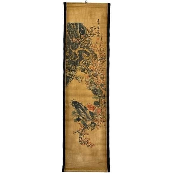 shiyou-Wall Art Poster Prints Paintings, Hanging Paper Scroll Decor Asia Vintage Aesthetic,for Office Restaurant Winter Plum Blossoms Koi Fish (D4)
