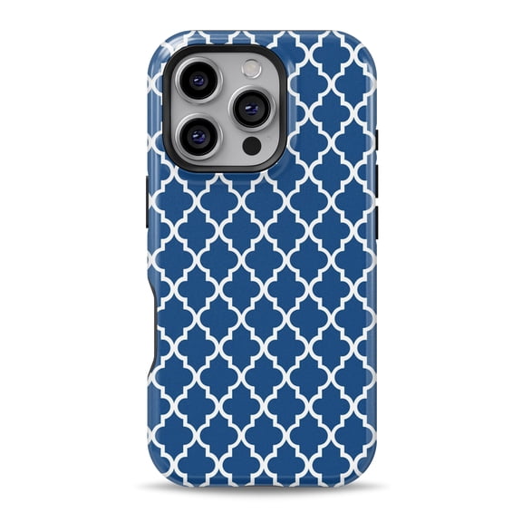 DesignSkinz Scratch-Resistant Hard Slim Case Compatible with iPhone 16 (Compatible with MagSafe) - Navy & White Seamless Morocan Pattern