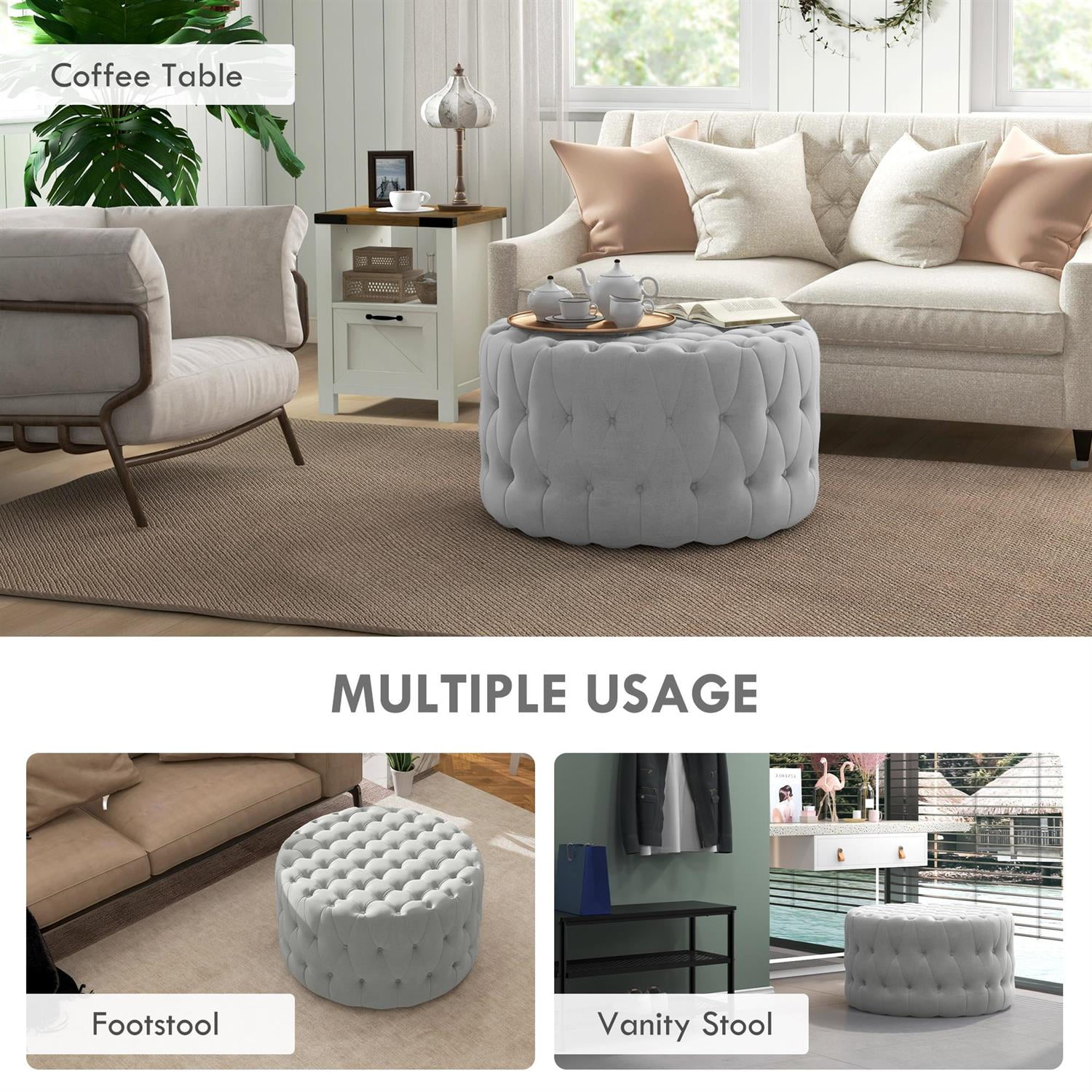 Demi Bonn 31" Coffee Table Ottoman with Velvet Upholstery, Button Tufted Design & Padded Seat for Living Room, Durable Wood Construction, Light Gray