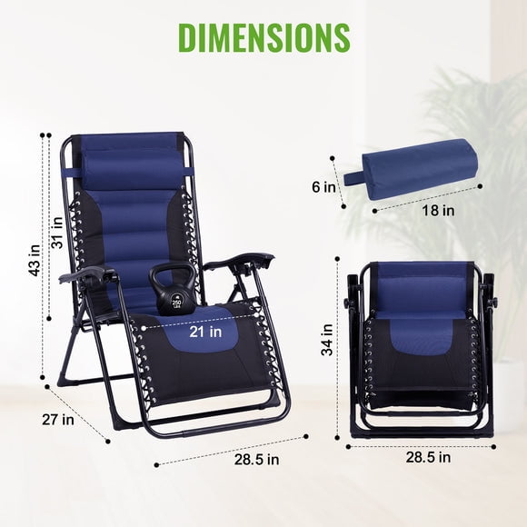 Backyard Expressions Deluxe XL Padded Recliner Chair – Ergonomic Anti-Gravity Lounger with Folding Design, Side Tray, and Adjustable Headrest