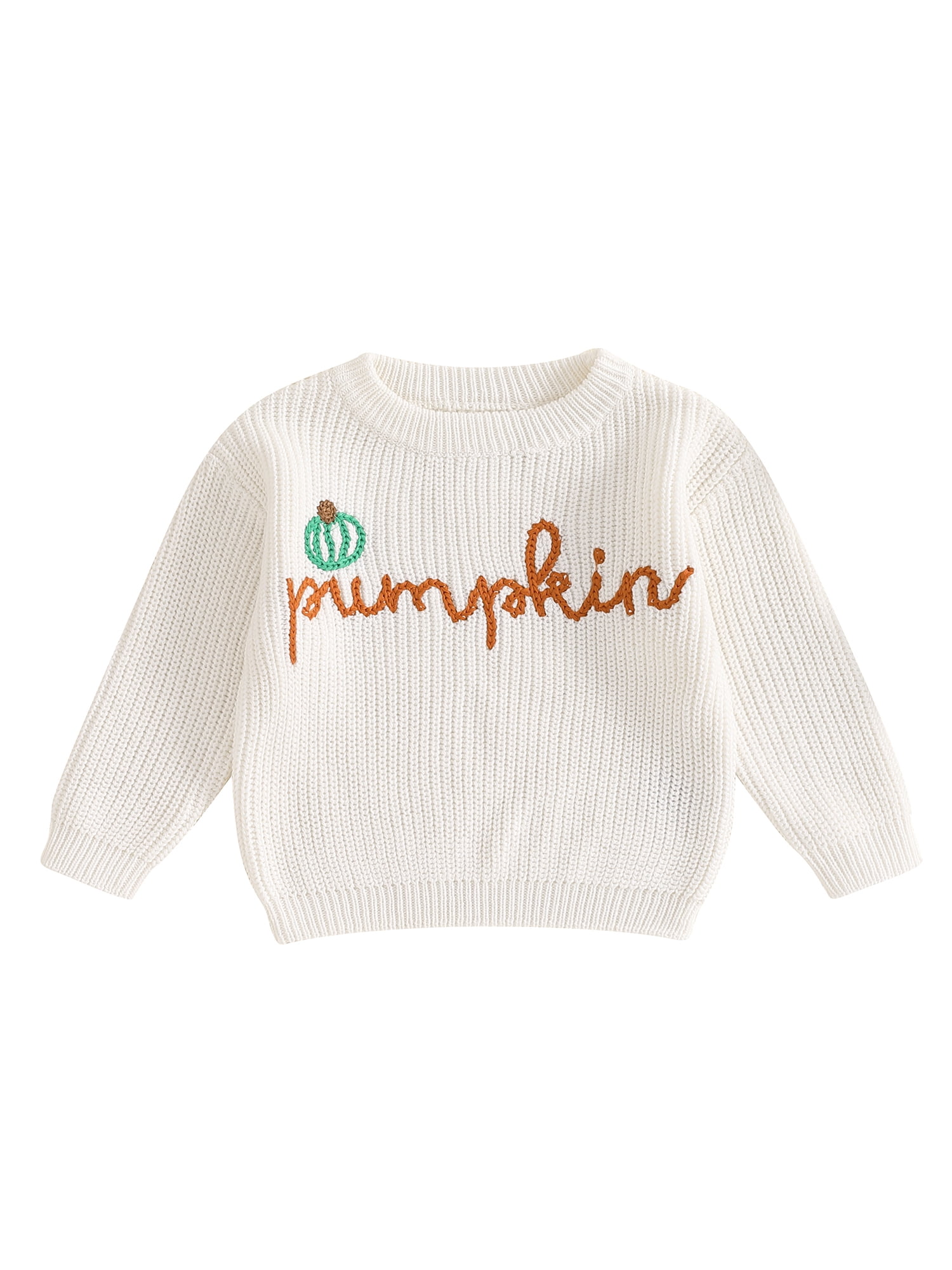 FOCUSNORM Toddler Halloween Sweaters Pumpkin Letter Embroidered Long Sleeve Round Neck Ribbed Knitted Pullover