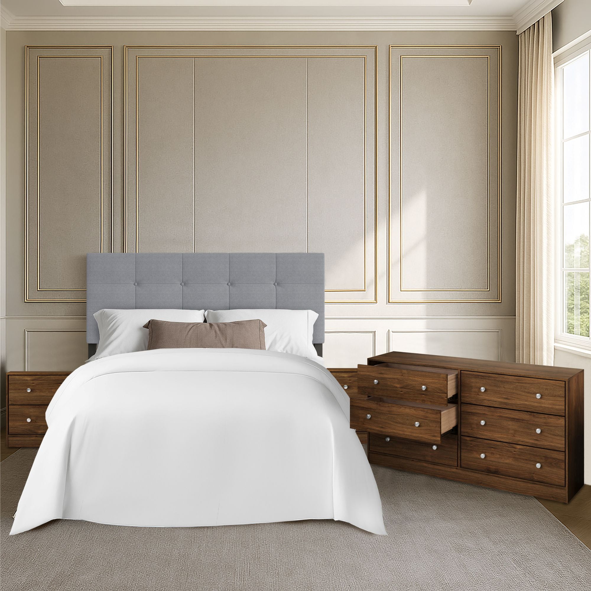 Home Design Gina Upholstered Headboard with Altoona Dresser and 2 Nightstands; Bedroom Set