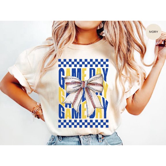 Baseball Shirt, Gameday Royal Blue/Yellow Tshirt, Coquette Bow, Baseball Fan T Shirt, Baseball Mom Mama Gift, Girly T-shirt