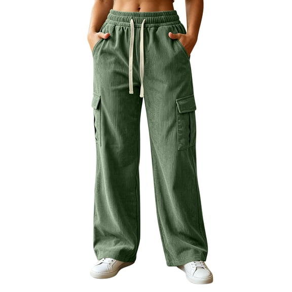 Inleife Women's Solid Corduroy Cargo Pants High Waist Wide Leg Casual Trousers Elastic Drawstring With Pockets for Loungewear Daily Wear