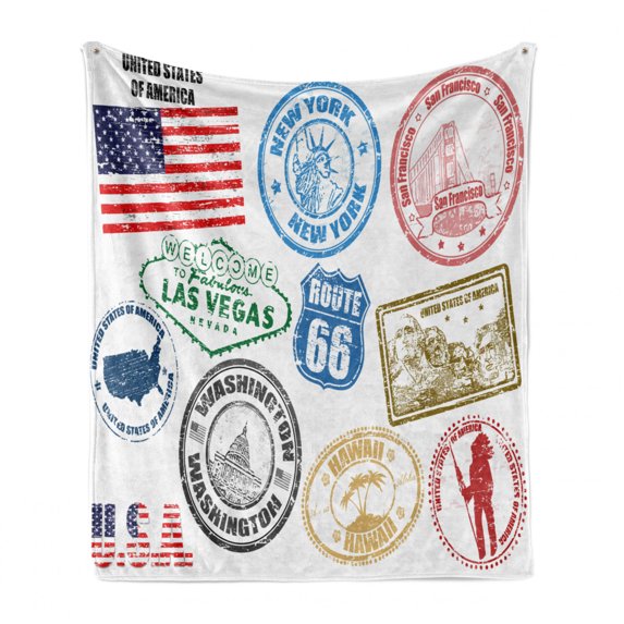United States Soft Flannel Fleece Blanket, Grunge Stamps of America Las Vegas New York San Francisco Hawaii Illustration, Cozy Plush for Indoor and Outdoor Use, 50" x 60", Multicolor, by Ambesonne