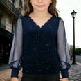 thumbnail image 2 of Girls Casual Carnival Party Long Sleeve V Neck Top Sparkly Loose T Shirt Soft Lightweight Teens Festive Celebration Blouse Navy 7-8 Y, 2 of 10