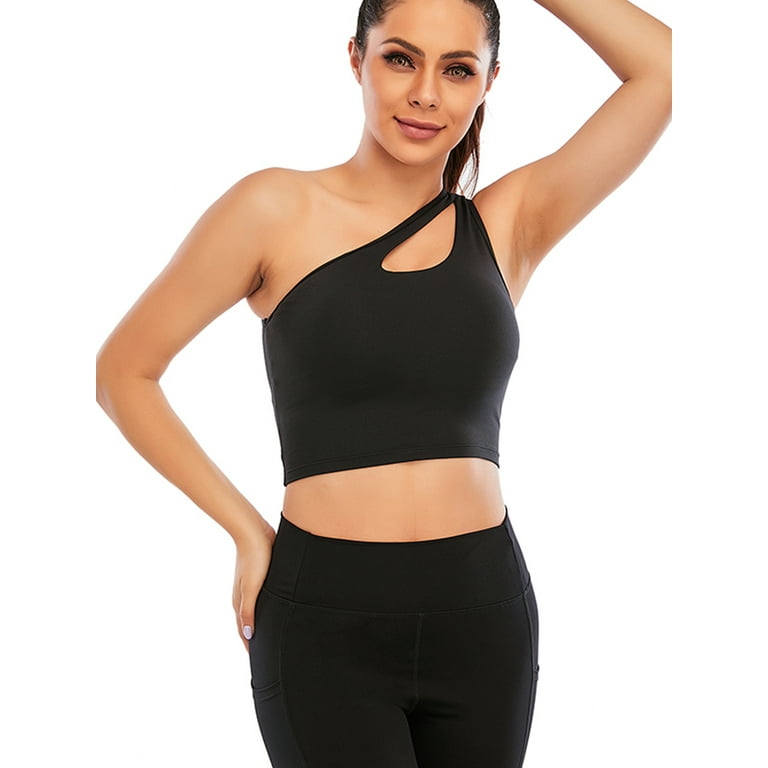 One Shoulder Sports Bra Removable Padded Yoga Top Post-surgery Wirefree  Sexy Cute Medium Support-black(l)