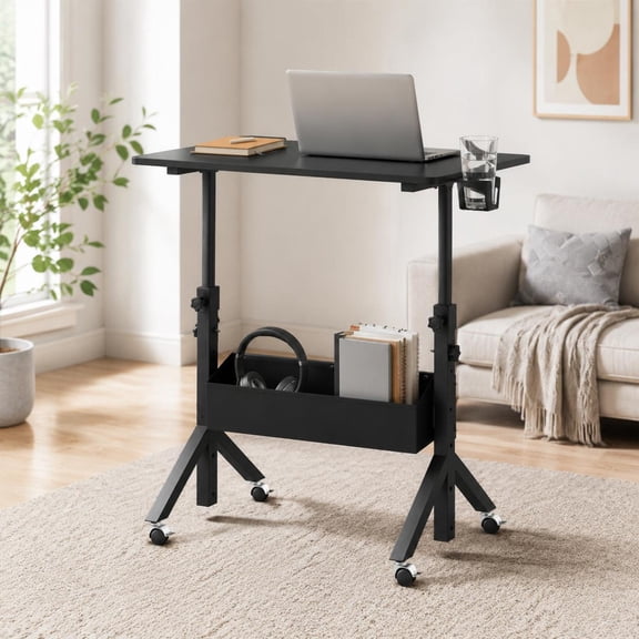 Mobile Standing Desk Height Adjustable Rolling Laptop Cart with Cup Holder and Storage Basket Black