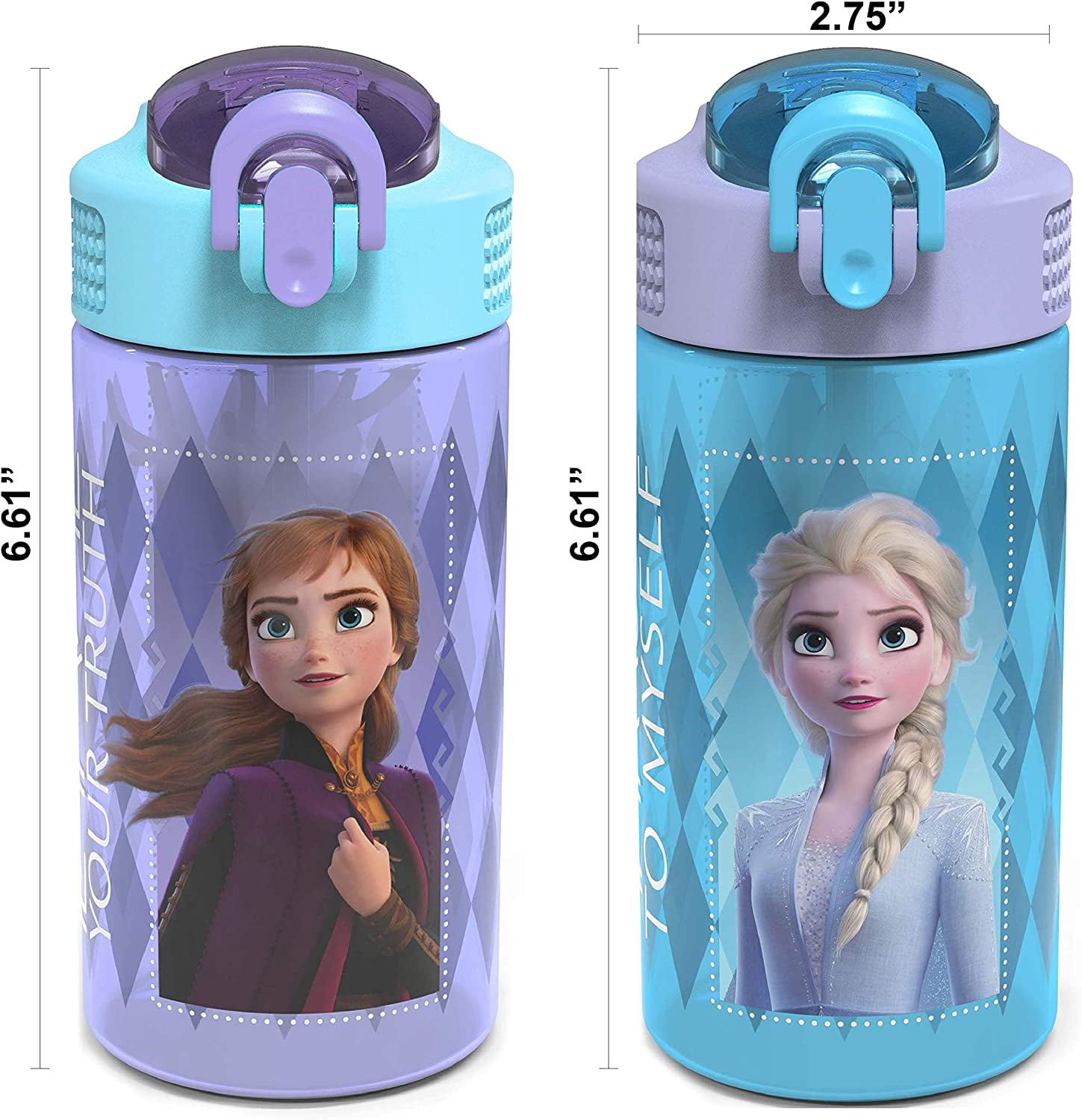 Zak Designs 2pc 16 oz Disney Frozen 2 Movie Kids Water Bottle Plastic with Easy-Open Locking Spout Cover for Travel, Anna and Elsa