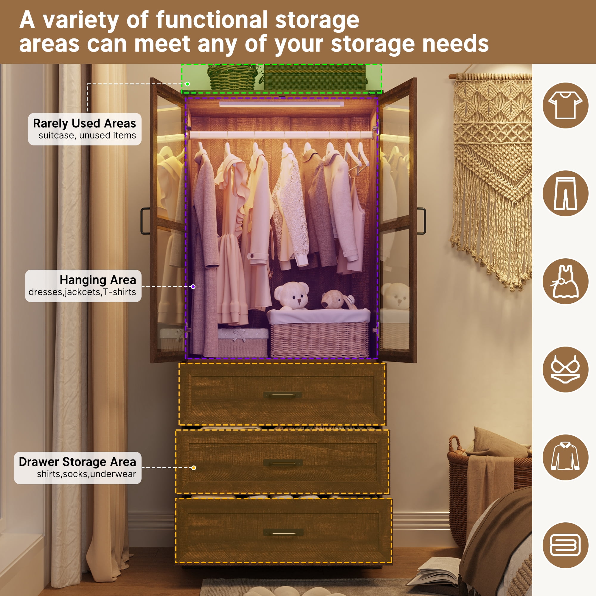 2 Glass Doors Armoire Wardrobe Closet with 3 Drawer & LED Light,75"H Wardrobe Closet Clothing Organizer with Hanging Rail for Bedroom