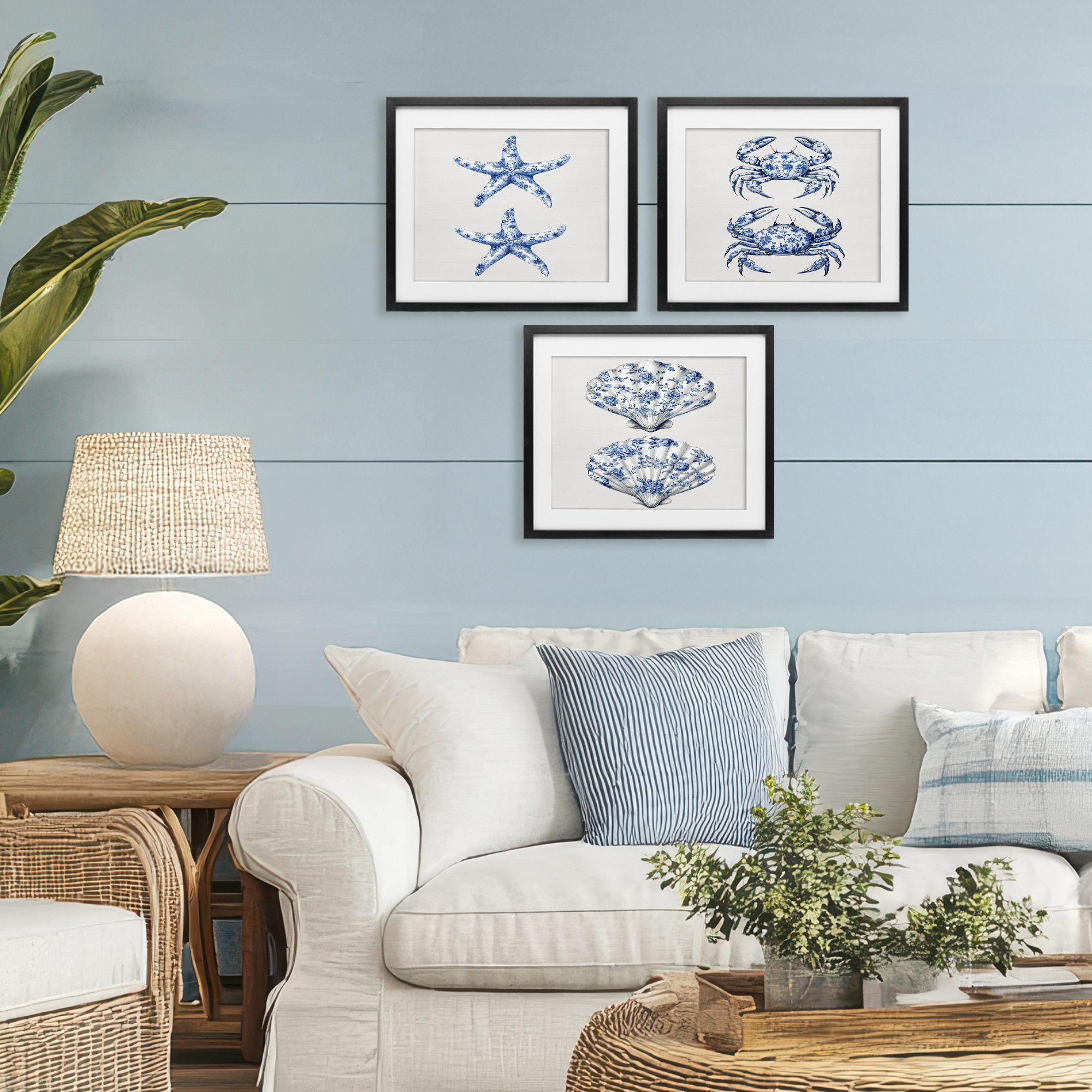 Vintage Toile Starfish & Crabs 3 Piece Black Framed Print Under Glass Set, design by Lettered and Lined