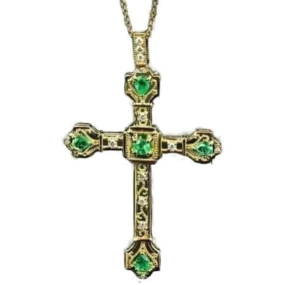 2Ct Round Cut Simulated Green Emerald Women's & Men's Cross Pendant 14K Yellow Gold Plated 925 Silver