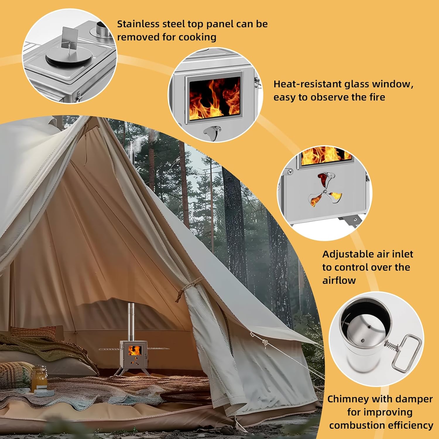 ABORON Portable Camp Wood Stove Stainless Steel Camping Cooking Stove Outdoor Wood Burning Stove with Chimney, Firebox Hot Camping Tent Stove for BBQ, Hiking, Fishing, Hunting