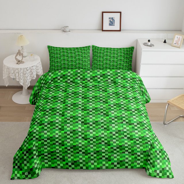 Erosebridal Green Checkered Bedding Comforter Set, Square Geometric Comforter Sets , Abstract Reversible Down Comforter, Lightweight Bedroom Decorative, 2pcs