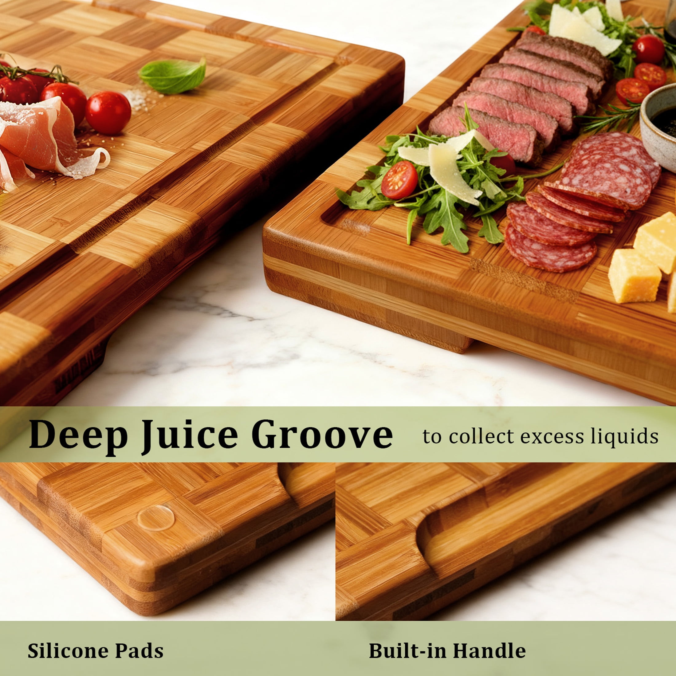 Kikcoin 4-piece Extra Large Bamboo Cutting Board, Wood Chopping Board for Kitchen with Juice Groove, Butcher Block End Grain Serving Tray