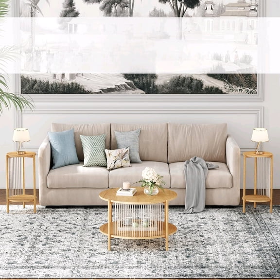 3-Piece Boho Coffee Table Set with Hand-Woven Natural Rope, 2 Tier Wooden Round Coffee Table and End Table Sets with Metal Frame, Side Table with Storage for Living Room, Bedroom$$Furniture