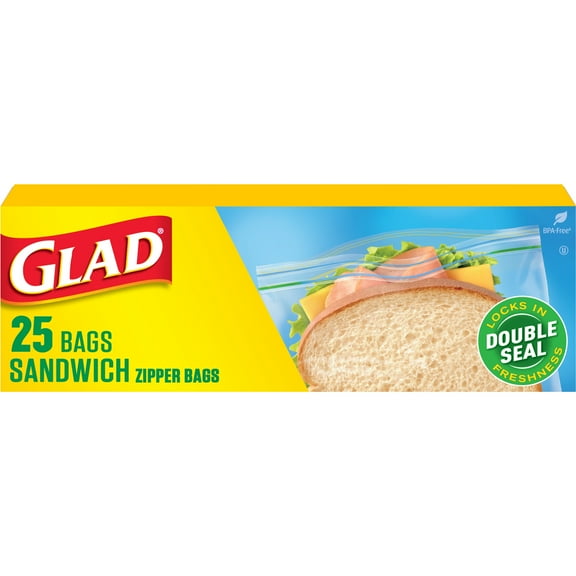 Glad Zipper Food Storage Plastic Bags, Sandwich, 25 Count
