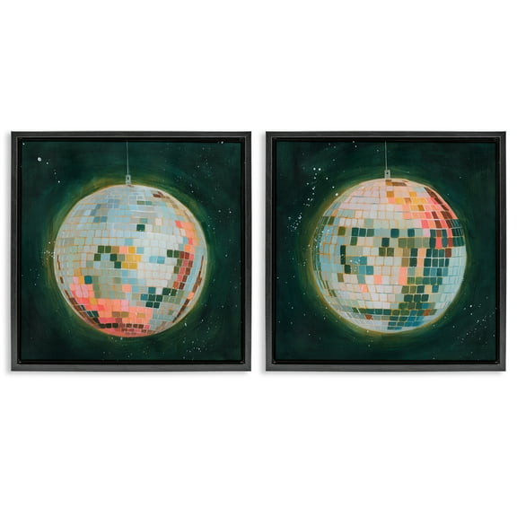 Stupell Industries Disco Balls with Vivid Hues Entertainment Painting Black Floater Framed Canvas Art Print Wall Art, 18 x 18, Set of 2