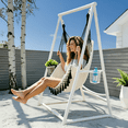 thumbnail image 4 of Hammock Chair Hanging Rope Swing & Stand Set with Two Holders, Heavy Duty Hanging Stand with Three Hooks, Multi-Use for Indoor Outdoor Patio Yard Garden (White), 4 of 7