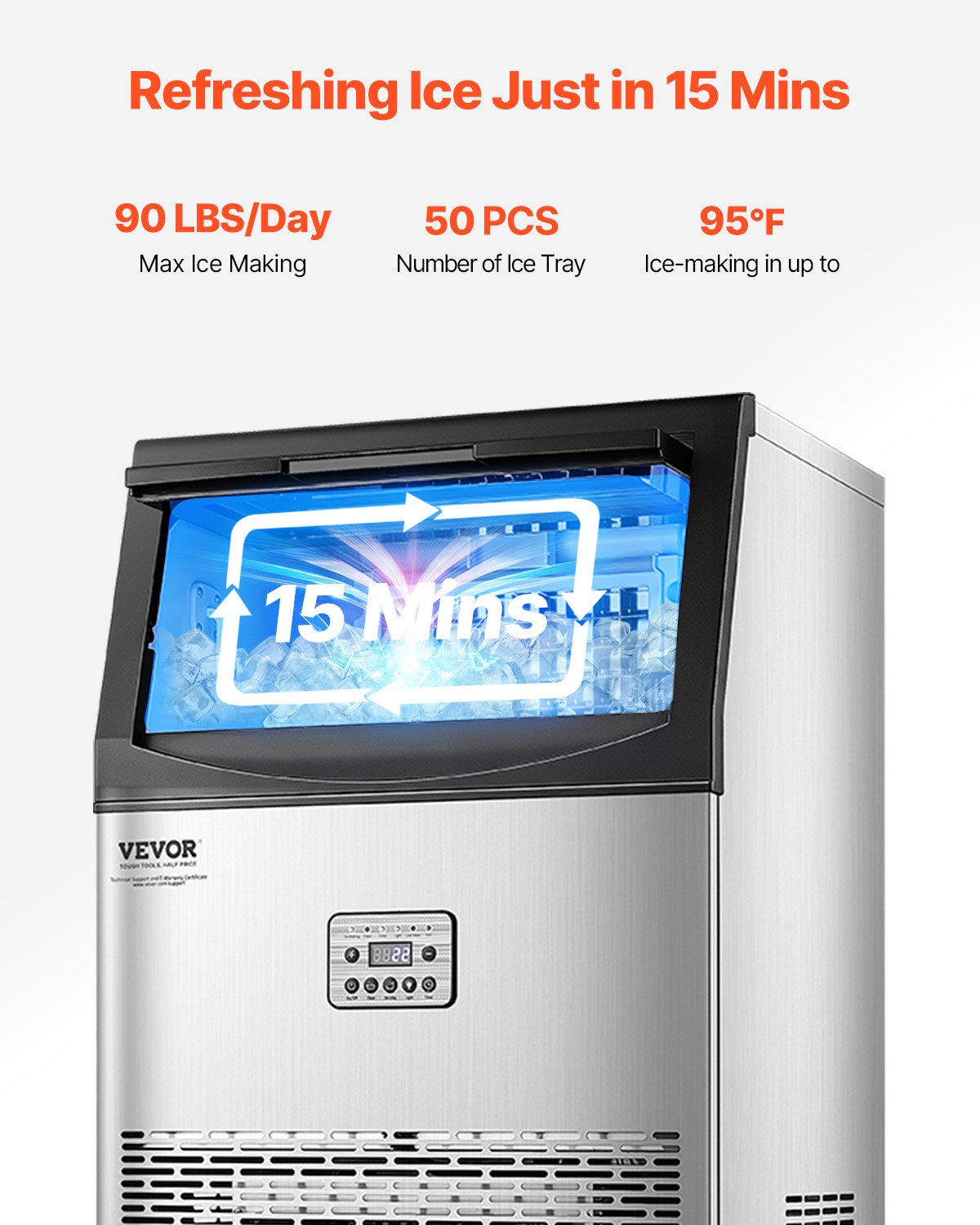 VEVOR Commercial Ice Maker Machine, 90lbs/24H Ice Maker Machine with 33lbs Storage Capacity, 50 Ice Cubes in 15 Minutes, LED Digital Display Freestanding Self-Cleaning