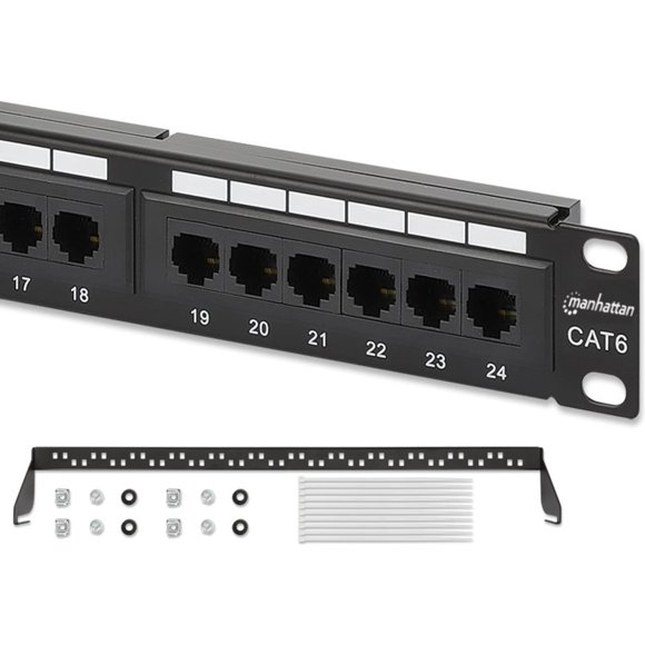 MANHATTAN 24-Port Network Patch Panel Cat-6 - 1U UL Listed - Rackmount Wall Mount - Cable Management Bar - Rack Mount Hardware - Installer Grade 3 Gold Plated Contacts - Lifetime Mfg Warranty 720786