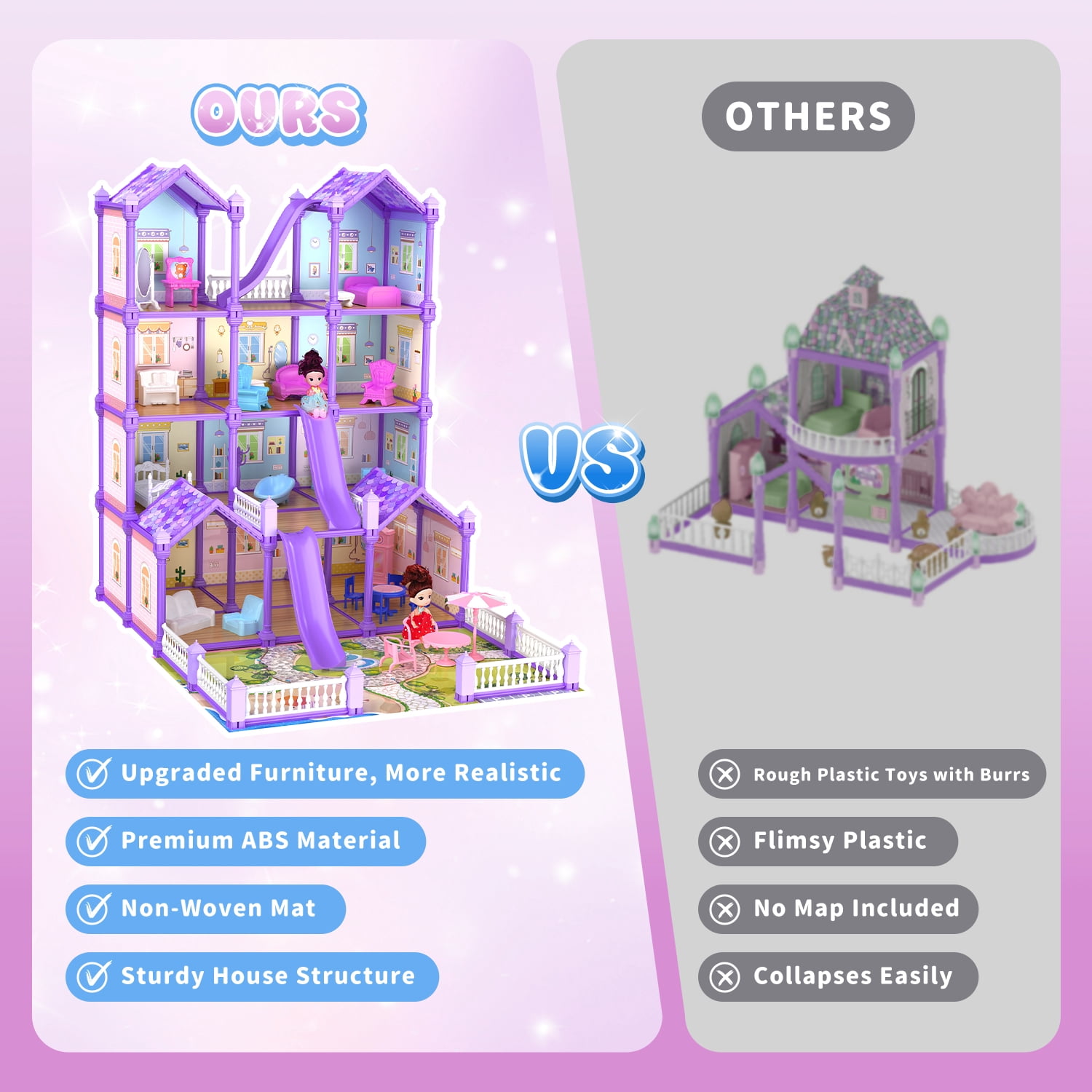 JoyStone Play Dollhouse with Doll Toy Figures, 14 Rooms Furniture and Colorful Lights, Creative Doll House Gift for Girls Ages 3+, Assemble Required, Purple