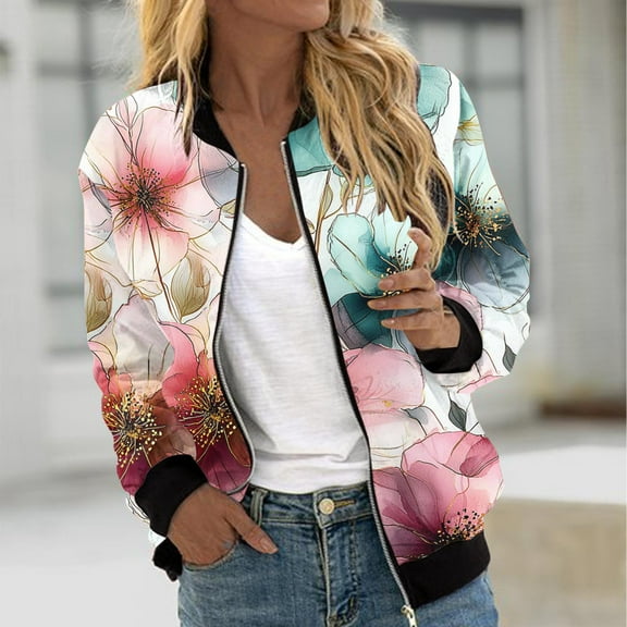 QUNYINEY Zip Up Women Bomber Jacket Floral Outerwear Long Sleeve Loose Fit Lightweight with Pockets Womens Coat