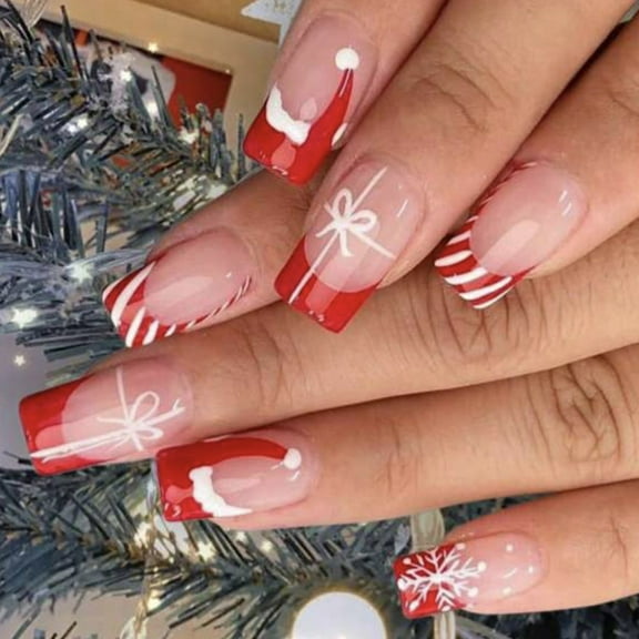 Festive Christmas Press On Nails Set 24Pcs Square Flase Nails Snowflakes Artificial Nails for Easy Holiday Nails Art