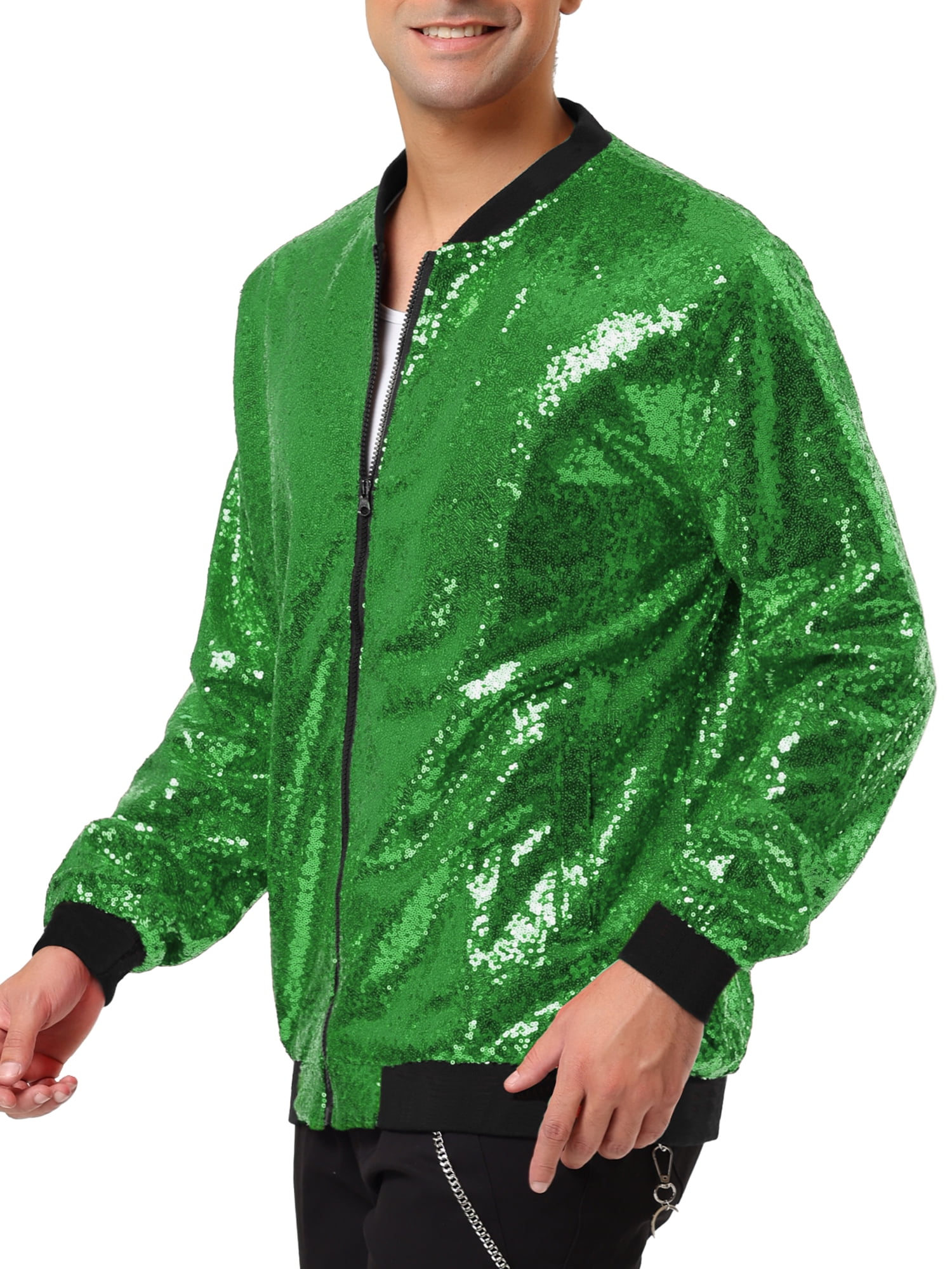 Unique Bargains Men's Long Sleeves Sequin Varsity Zipper Bomber Jacket S Light Green