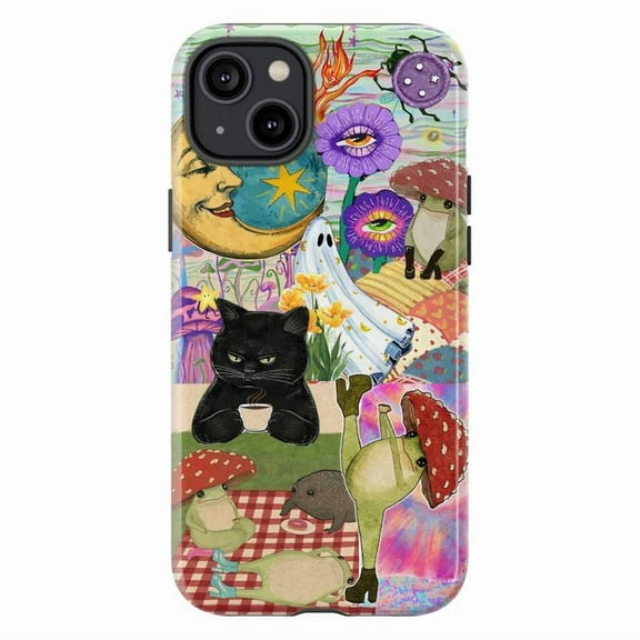 Witchy Collage Phone Case, Black Cat & Mushroom Fantasy Art Cover, Mystical Moon Ghost Cottagecore Design for iPhone 17 16 15 14 13 12 11 Pro Max Plus Mini