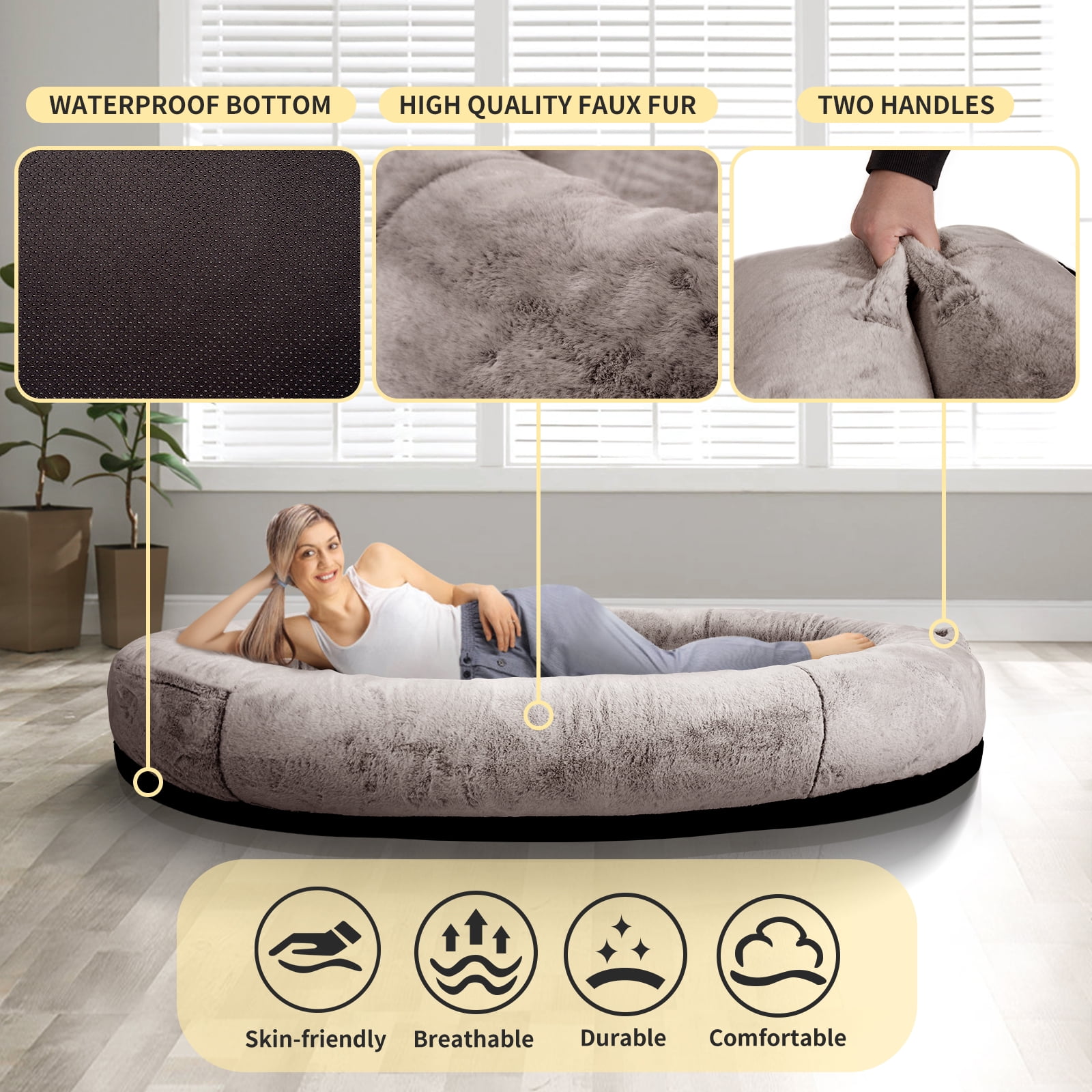 Human Dog Bed for Pets and Adults, 71"x45"x14", Washable Faux Fur Cover with Blanket and Pillow, Extra Large Human Size Beanbag Bed,Camel