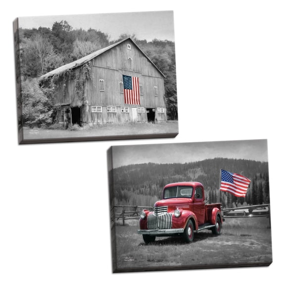 Gango Home Decor Country-Rustic American Made II & Patriotic Farm II by Lori Deiter (Ready to Hang); Two 18x12in Hand-Stretched Canvases