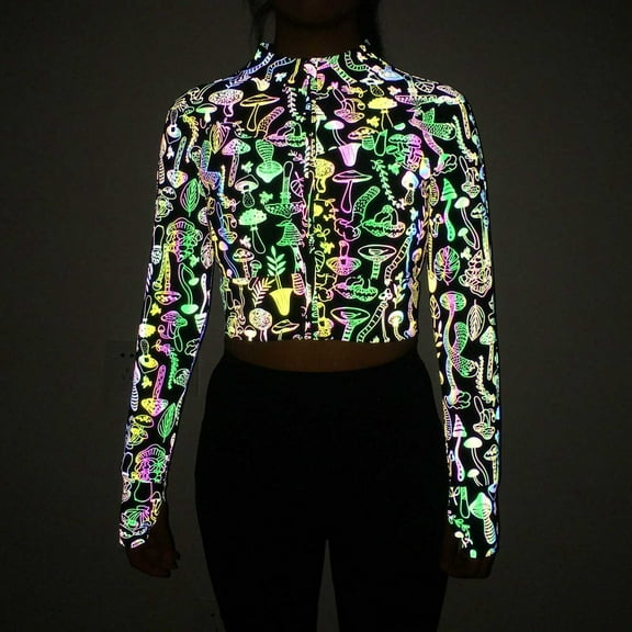 Penkiiy Womens Reflective Jacket for Safe Running at Night Rave Festival Outfits High Visibility Coat M Multicolor