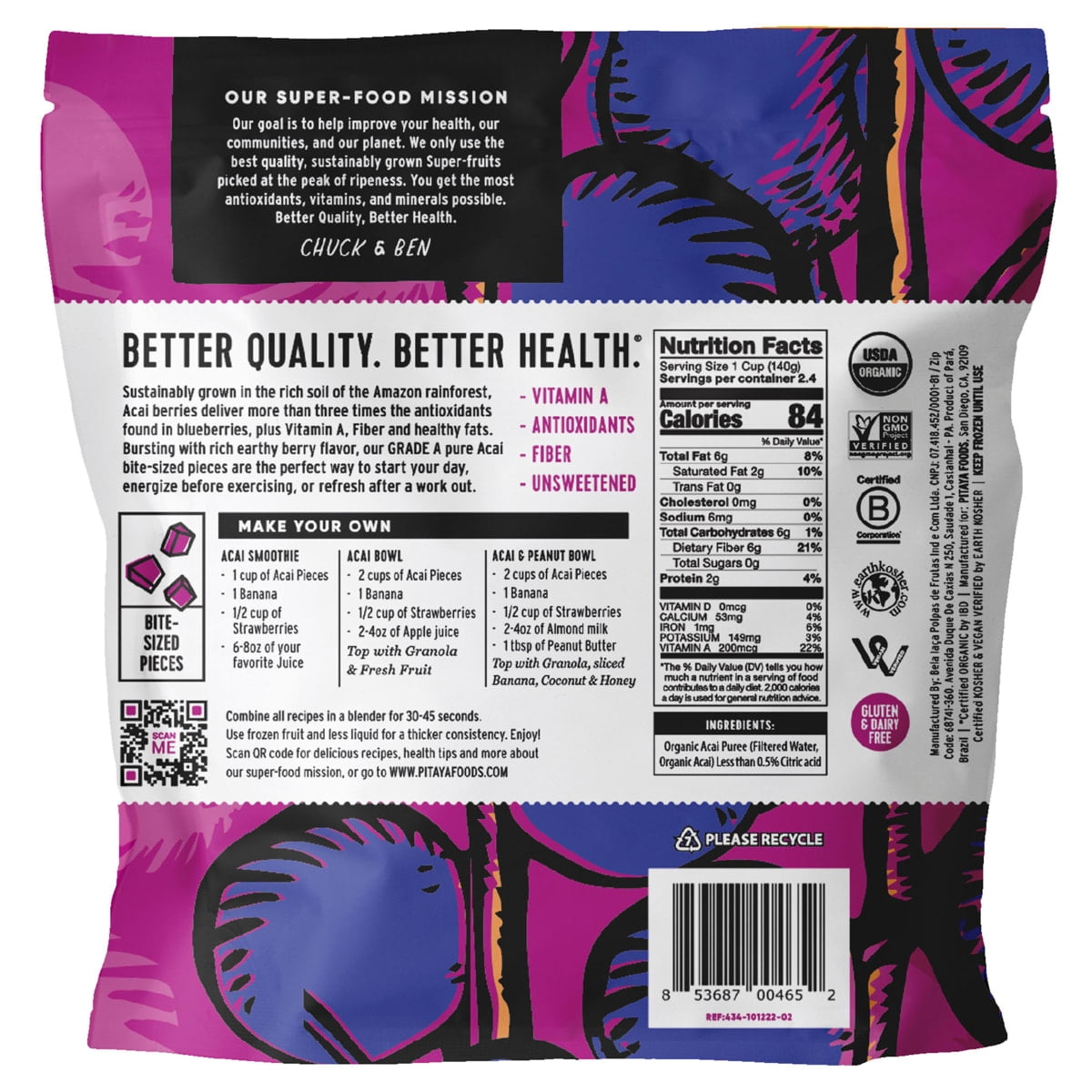 Pitaya Foods Frozen Acai Berry Pieces, Pure Unsweetened Organic Fruit, 12 oz, Gluten-Free, Vegan