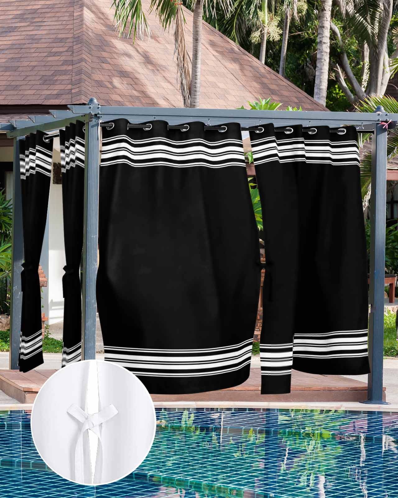 Outdoor Curtains for Patio, Black Striped Waterproof Blackout Outside Curtain for Porch/Pergola/Gazebo, Farmhouse Black White Stripes Thermal Insulated Drapes for Cabana, 2 Panels, 54 x 108 Inch