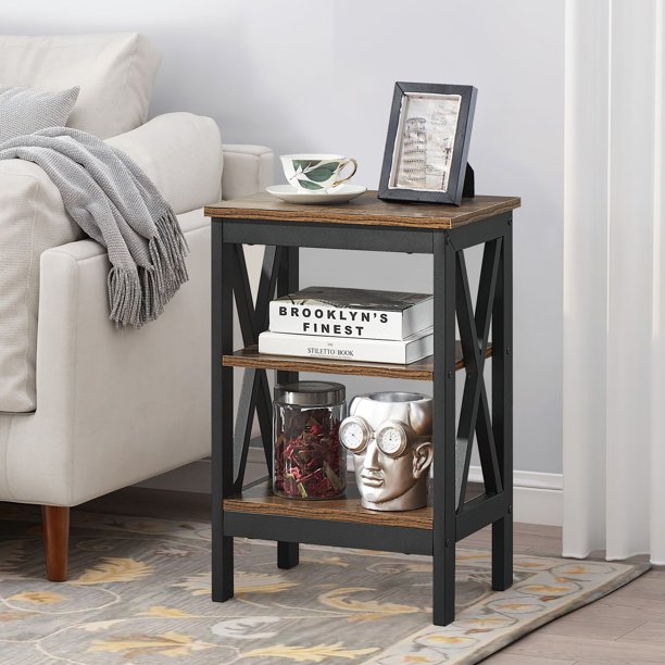 VECELO Nightstand with 3Tier Storage Shelf for Living Room, Bedroom