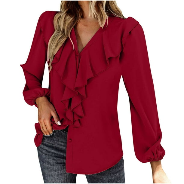 Tops Para Mujer Blusas de Manga Larga Temperamento Elegante Viento Color Sólido Plisado Cuello en V Cómoda Camisa Top Odeerbi ODB184434
