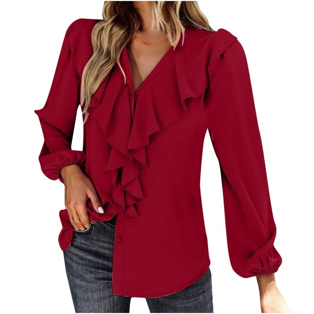 Tops Para Mujer Blusas de Manga Larga Temperamento Elegante Viento Color Sólido Plisado Cuello en V Cómoda Camisa Top Odeerbi ODB184437