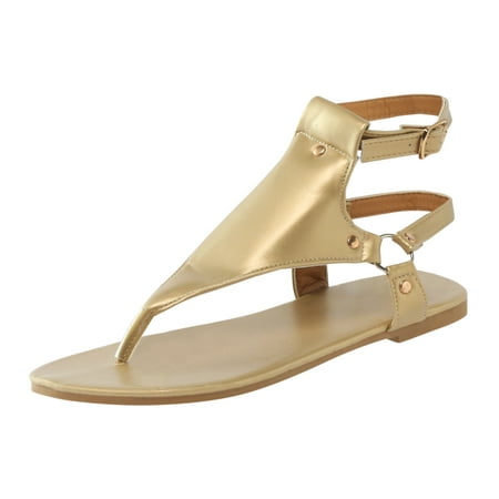 

Yinguo PU Leather Thong Sandals for Women Open Toe Shoes Flat Beach Sandals Ladies Ankle Buckle Strap Flip Flops Shoes Gold Size 9