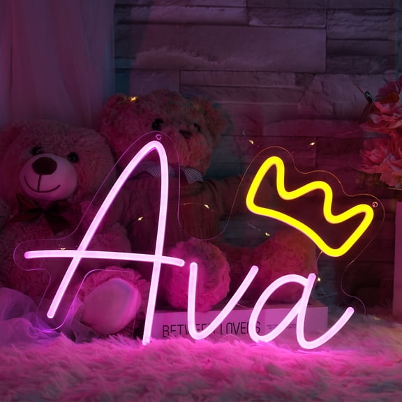 iDecoMart "Ava" Name Neon Sign, LED Blue Neon Light with Yellow Crown, USB or Battery Powered, Cool Birthday Gifts