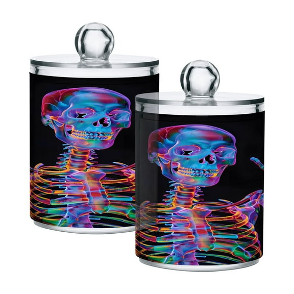 2 Pack Qtip Holder Dispenser Rainbow Skull Skeleton Clear Plastic Storage Apothecary Jars for Cotton Swabs Balls Pads Floss